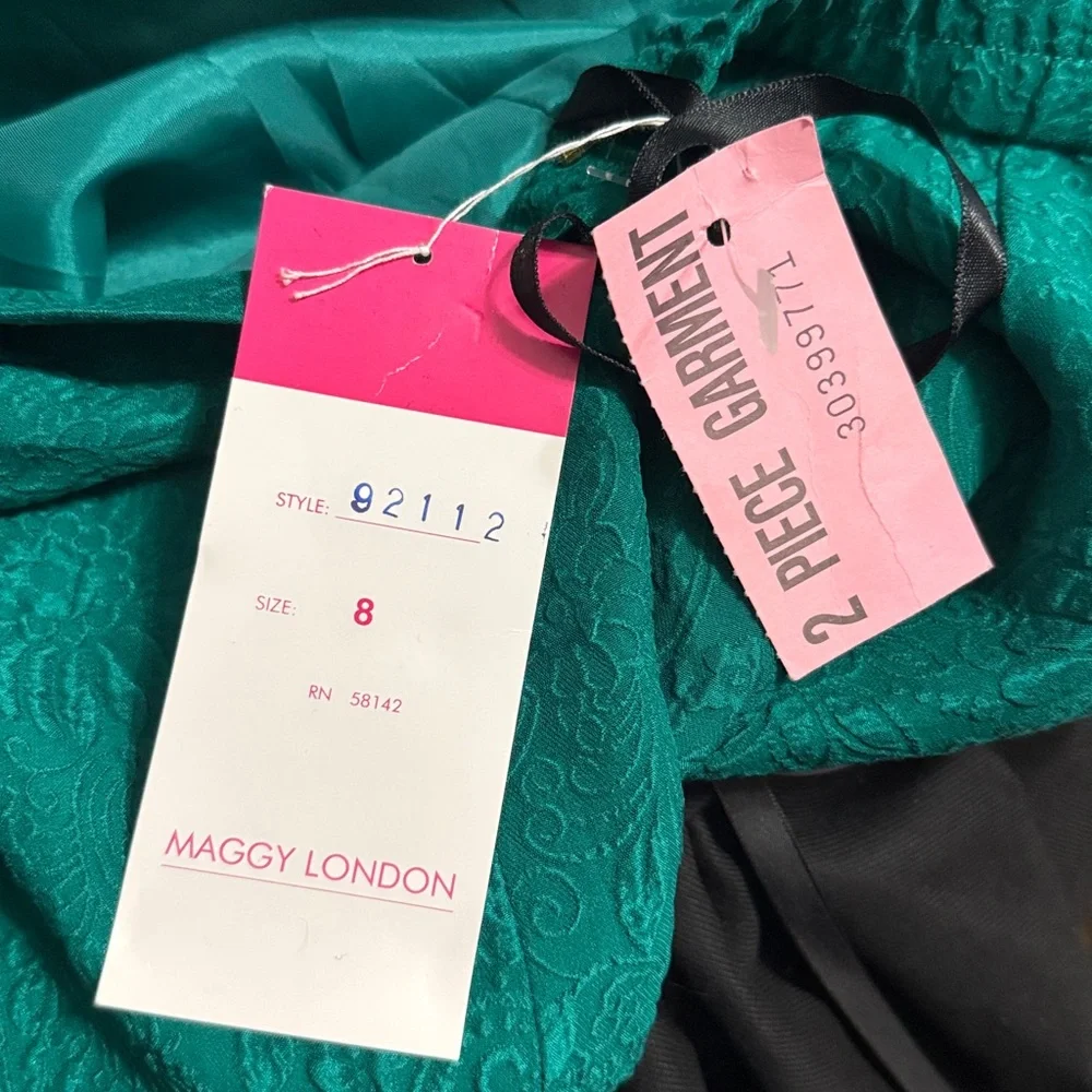 Vintage Maggy London Teal 100% Silk Brocade 2Pc Skirt Suit Set Blazer Deadstock